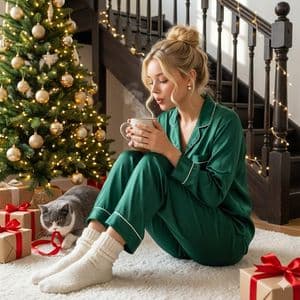 Cozy Christmas Morning Portrait with Cat AI prompt example (Nano Banana)