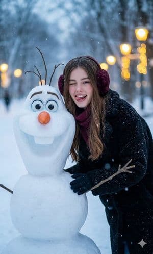 Realistic Olaf and Girl Winter Portrait AI prompt example (Nano Banana)